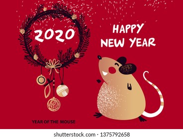 Template image for Happy new year party with rat, mice on red background. Lunar horoscope sign mouse. Chinese Happy new year 2020. Funny sketch mouse with long tail. Vector illustration.  