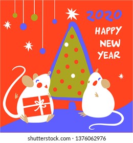 Template image for Happy new year party with rat, mice on color background. Lunar horoscope sign mouse. Chinese Happy new year 2020. Funny sketch mouse with long tail. Vector illustration.  