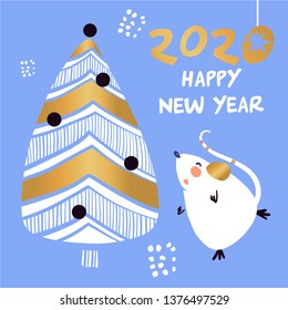 Template image for Happy new year party with white rat, mice on blue background. Lunar horoscope sign mouse. Chinese Happy new year 2020.  Vector illustration.  