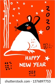 Template image for Happy new year party with rat, mice on orange background. Lunar horoscope sign mouse. Chinese Happy new year 2020.  Vector illustration.  