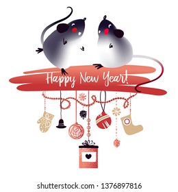 Template image for Happy new year party with rat, mice on white background. Lunar horoscope sign mouse. Chinese Happy new year 2020.  Vector illustration.  