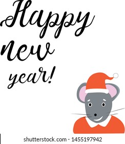 Template image for a happy new year party with a rat (mouse) and handwritten lettering greetings, on a white background. Moon sign horoscope. A simple sketch of a mouse dressed as Santa Claus. Vector
