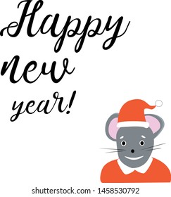 Template image for a happy new year party with a rat (mouse) and handwritten lettering greetings, on a white background. Moon sign horoscope. A simple sketch of a mouse dressed as Santa Claus. Vector