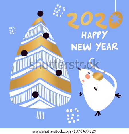 Template image for Happy new year party with white rat, mice on blue background. Lunar horoscope sign mouse. Chinese Happy new year 2020.  Vector illustration.  