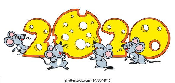 Template of the image of the symbol of the year 2020. A funny rat or mouse with a long tail. Mice, illustration, vector
