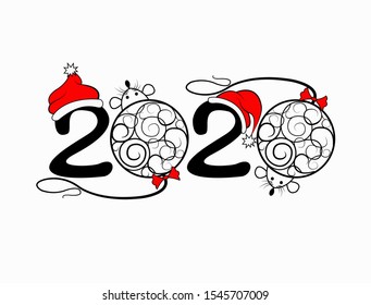 Template of the image of the symbol of the year 2020. Mouse decorated with bows, and monograms, two in the hat of Santa Claus. illustration, vector