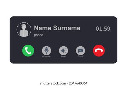 Template for the incoming call screen with icons. Smartphone interface, web applications. Voice mail, call, video chat screen. Flat style.