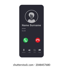 Template for the incoming call screen with icons. Smartphone interface, web applications. Voice mail, call, video chat screen. Flat style.
