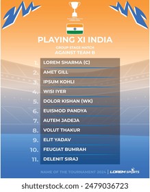 Template of India Cricket team line up with 11 players for match day 