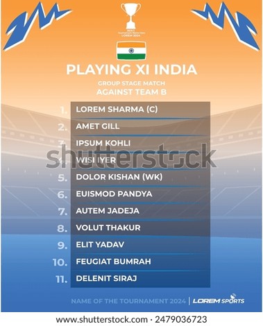Template of India Cricket team line up with 11 players for match day 