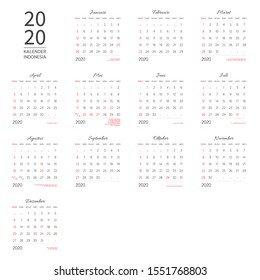Template Indonesia Calendar 2020 Minggu Week Format