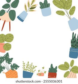 Template with indoor plants and empty space for text. Vector illustration in flat style. Template with text box and house plants.