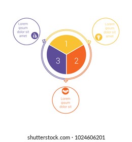 Template for info grapchics Diagram 3 cyclic processes, step by step, colorful circles in a circle, pie chart for workflow, cycle processes, diagrams, business options, banner, web design