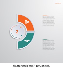 Template infographic 2 positions for text area. diagram with multicolored elements around circle. 