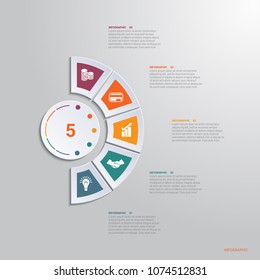 Template infographic 5 positions for text area. diagram with multicolored elements around circle. 