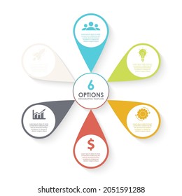 Template infographic with 6 steps or options. Business data visualization. Concept can be used for layout, presentations, reports, diagram or advertising. Vector illustration