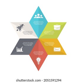 Template infographic with 6 steps or options. Business data visualization. Concept can be used for layout, presentations, reports, diagram or advertising. Vector illustration