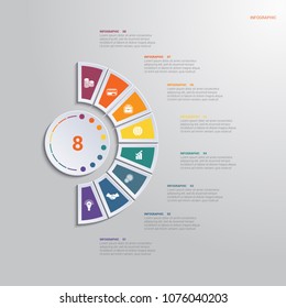 Template infographic 8 positions for text area. diagram with multicolored elements around circle. 
