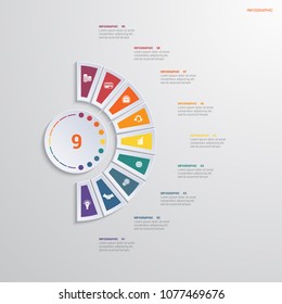 Template infographic 9 positions for text area. diagram with multicolored elements around circle. 