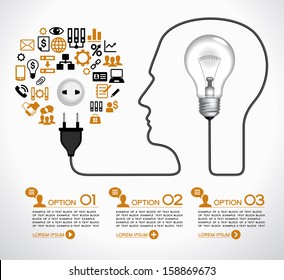 Template infographic. Cable with  plug and an lamp form a profile of the person. The lamp symbolizes the brain. Electrical plug is connected to an electrical outlet, surrounded by business icons. 