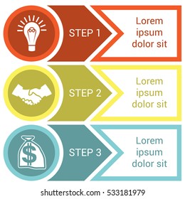 Template for infographic from circles, arrows and lines, for 3 positions. 