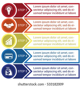 Template for infographic from circles, arrows and lines, for 5 positions. 