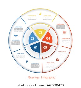 Template infographic five position, steps, parts, with text area, vector illustration colourful in the form of circle parts. Business pie chart diagram data. 