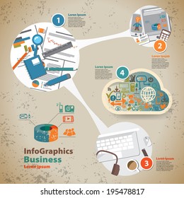 Template for infographic with graphics of the business process with cloud in vintage style