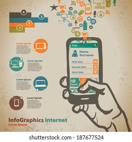 Template for infographic with hand with smartphone in vintage style