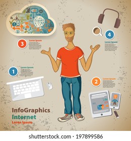 Template for infographic with hipster in vintage style