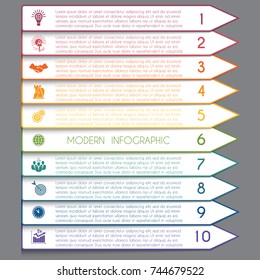  Template infographic horizontal white strips on colorful arrows lines 10 positions for text