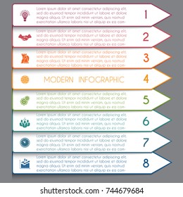  Template infographic horizontal white strips on colorful arrows lines 8 positions for text