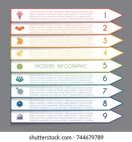Template infographic horizontal white strips on colorful arrows lines 9 positions for text