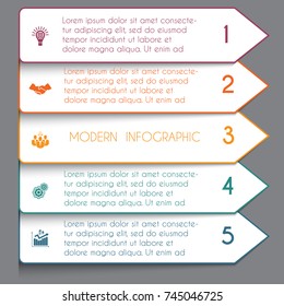 Template infographic horizontal white strips on colorful arrows lines 5 positions for text