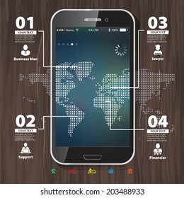 Template for infographic with Mobile Phone with Blurred Background and World Map