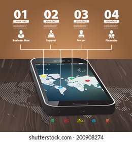 Template for infographic with Mobile Phone with wooden Background and World Map