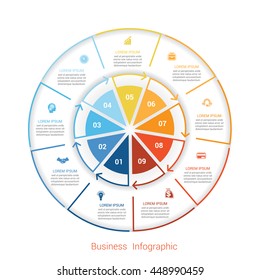 Template infographic nine position, steps, parts, with text area, vector illustration colourful in the form of circle parts. Business pie chart diagram data. 