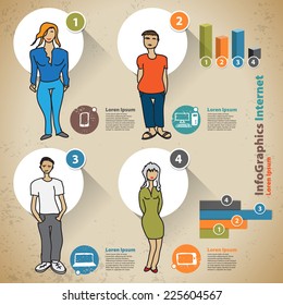 Template for infographic with people and usage statistics devices
