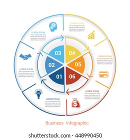 Template infographic six position, steps, parts, with text area, vector illustration colourful in the form of circle parts. Business pie chart diagram data.