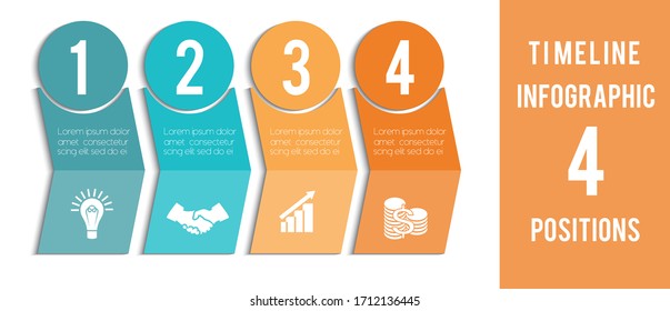 Template for  Infographic. Timeline of colored arrows and numbered circles.  Design for 4 position can be used for workflow, banner, diagram, web design, area chart