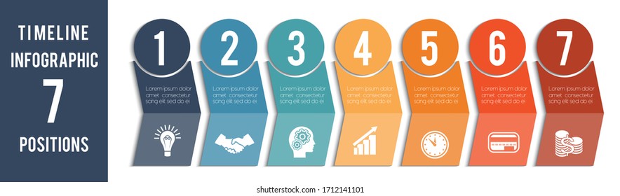 Plantilla para Infografía. Línea de tiempo de flechas coloreadas y círculos numerados.  El diseño para 7 posiciones puede utilizarse para flujo de trabajo, banner, diagrama, diseño web, gráfico de área 