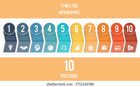 Plantilla para Infografía. Línea de tiempo de flechas coloreadas y círculos numerados.  El diseño para 10 posiciones se puede utilizar para flujo de trabajo, banner, diagrama, diseño web, gráfico de área 
