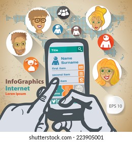 Template infographic with two hands and a smartphone Flat Design Illustration for Web Social Network