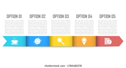 Vector infográfico de plantilla con flechas y 5 pasos u opciones. Las infografías para el concepto de negocio se pueden utilizar para diseño, presentaciones, banner, diagrama o gráfico.