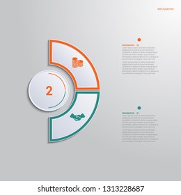 Template for infographics with 2 text area positions. diagram with multi-colored elements of a semicircle around a circle.