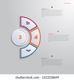 Plantilla para infografías con 3 posiciones de área de texto. diagrama con elementos multicolor de un semicírculo alrededor de un círculo.
