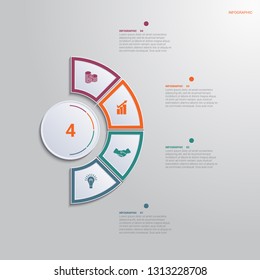 Template for infographics with 4 text area positions. diagram with multi-colored elements of a semicircle around a circle.