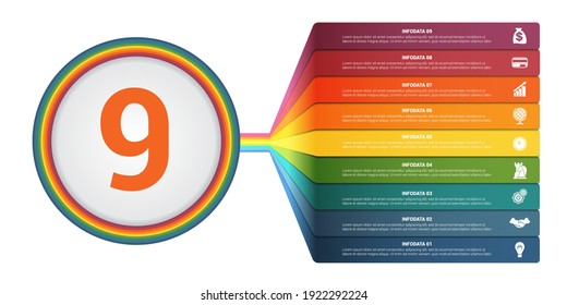 Template Infographics 9 positions. Colourful numbered strips with prospect. Infographic.
