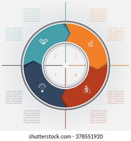 Template for Infographics business conceptual cyclic processes, colour ring from arrows four positions for text area, possible to use for workflow, banner, diagramme, web design, timeline, area chart 