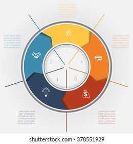 Template for Infographics business conceptual cyclic processes, colour ring from arrows five positions for text area, possible to use for workflow, banner, diagramme, web design, timeline, area chart